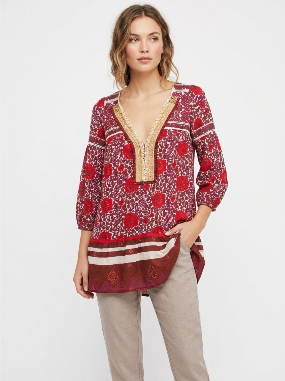 Free People Sweet Poland Floral Tunic Linen Blend Boho Peasant Top XS Red Purple